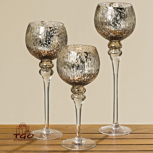 3er Windlicht Lucia Kelch champagner Glas lackiert Höhe 30-35-40cm