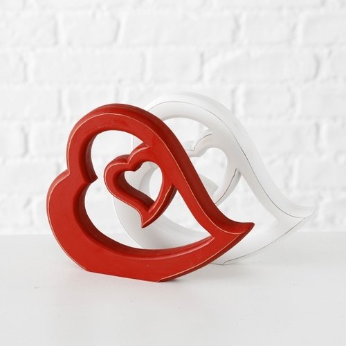 2er-Set Deko Skulptur Herz aus MDF weiß/rot lange 23 cm