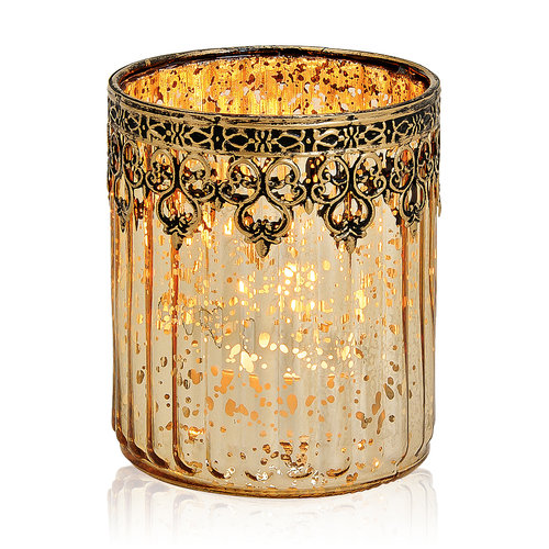 Deko Windlicht Marokko Gold aus Glas- Metall Höhe 12 cm