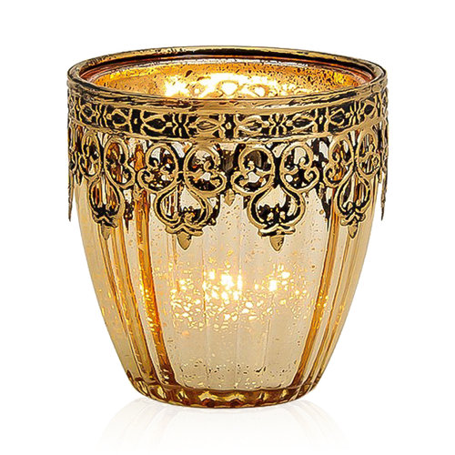 Deko Windlicht Marokko Gold aus Glas- Metall Höhe 9 cm