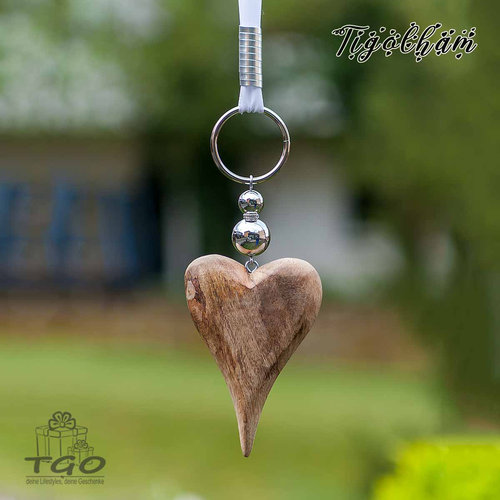 Fensterdeko Herz aus Mangoholz mit Perlen und Band 10x70cm