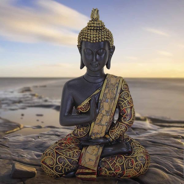Deko Thai Buddha Figur sitzend in schwarz/gold Höhe 15cm