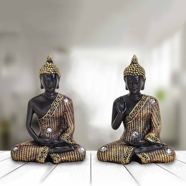 2er Set Thai Buddha Figur sitzend in schwarz/gold 11cm