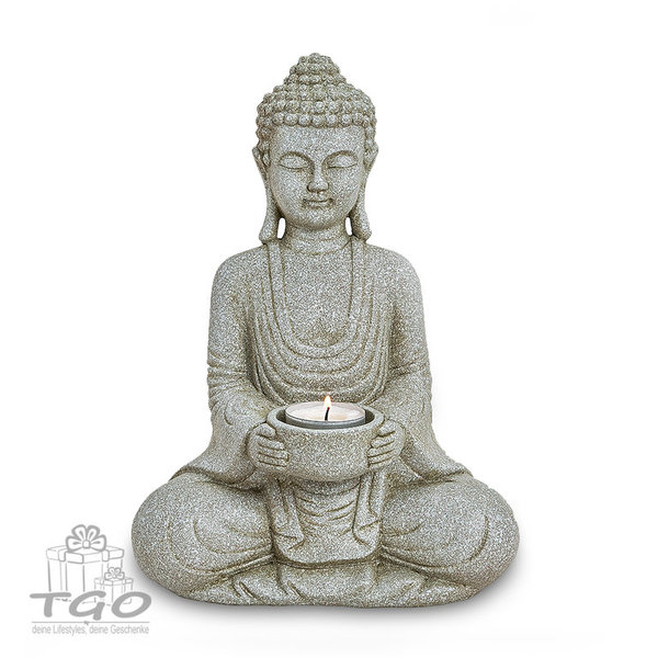 Thai Buddha Figur mit Teelichthalter in grau 27cm