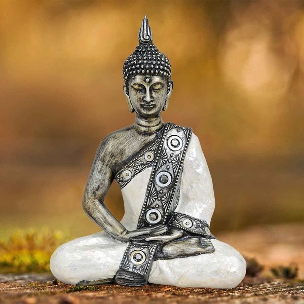 DekoThai Buddha Figur sitzend weiß silber Höhe 27cm