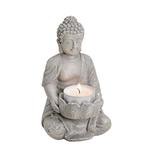 Deko Buddha mit Teelichthalter in grau aus Poly 14cm