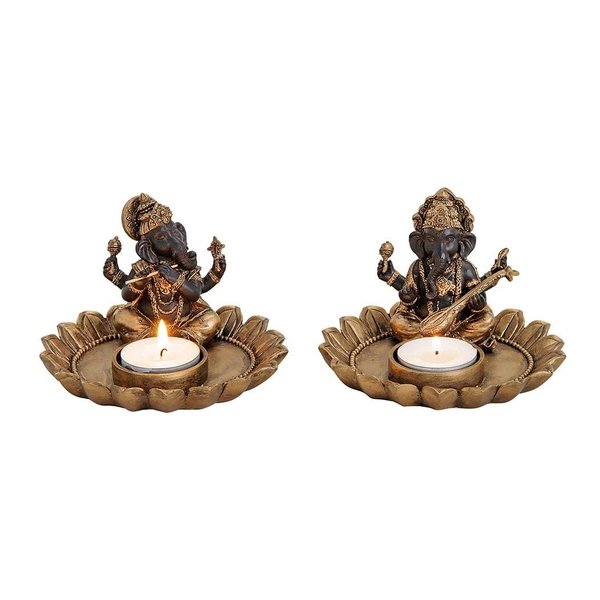 Set 2er Ganesha mit Teelichthalter aus Poly Gold 12x8x12cm