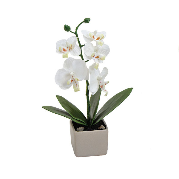Deko Orchidee weiß in hellgrauen Topf aus kunststoff Höhe 18 cm