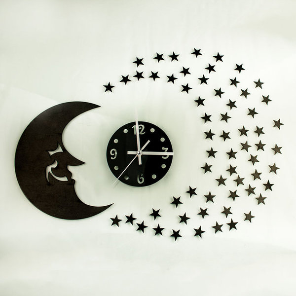 3D Wanduhr Spiegel Mond+Sterne schwarz ca.55x40cm