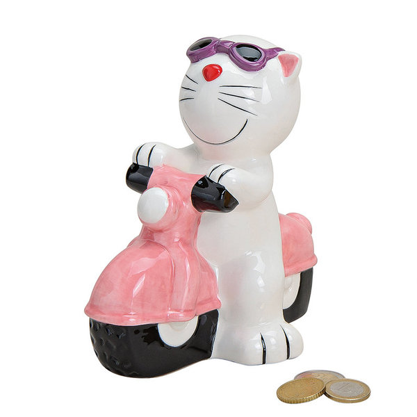 Spardose Katze auf Rosa Motorad auf Keramik 15 cm
