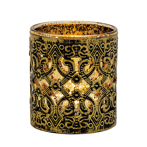 Deko Windlicht Marokko aus Glas/Metall Gold Höhe 8 cm