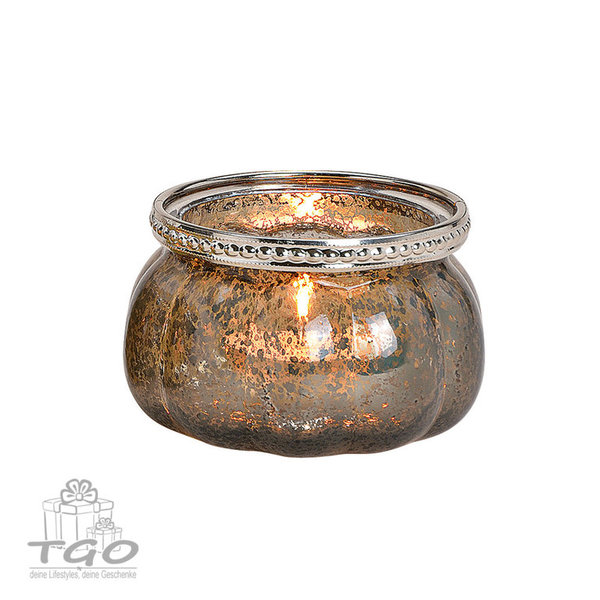 Teelichthalter Orient Glas grau mit Metalldeko 8cm