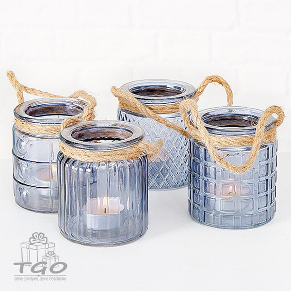 Windlicht Teelichthalter Trax 4tlg. aus Glas blau 9cm