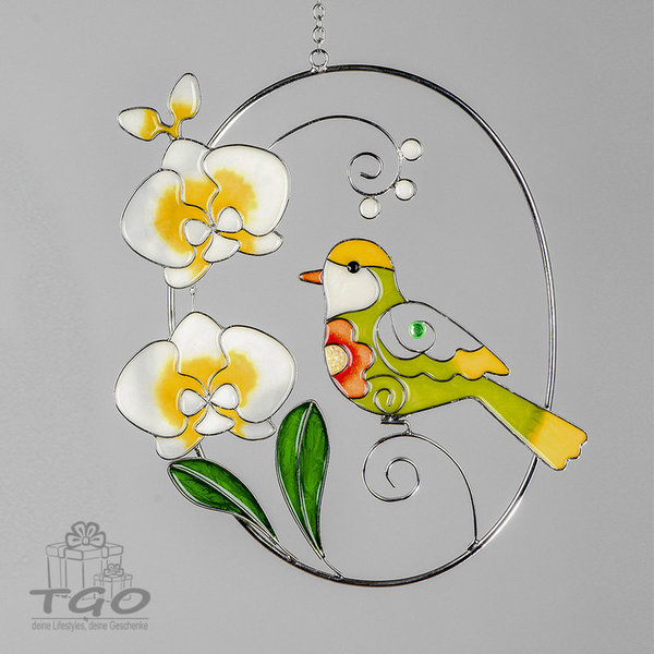 Formano Dekohänger oval Vogel mit Blumen Tiffany-Art 40cm