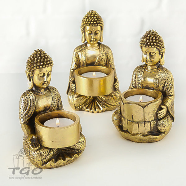 3er Buddha Figur Jarven mit Teelichthalter in Gold 14cm