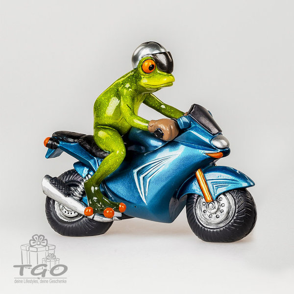 Formano Dekofigur Frosch hellgrün auf blau Motorrad 17cm