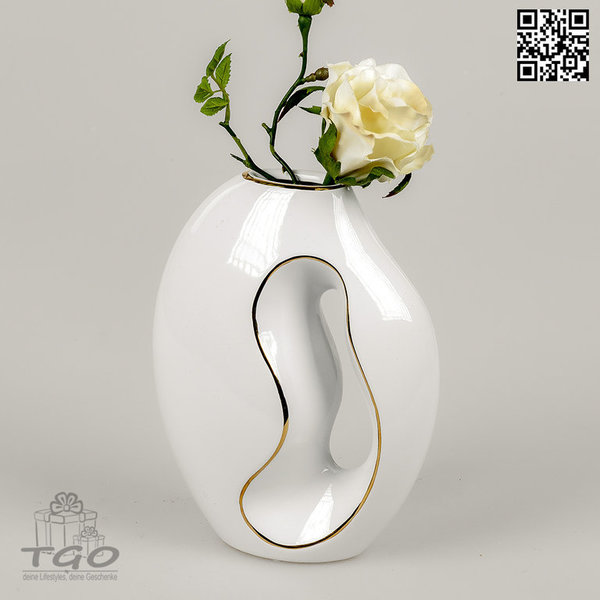 Formano Tischdeko Blumenvase aus Keramik weiß mit Goldrand 22cm