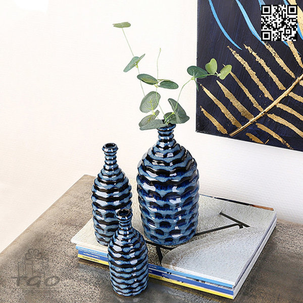 Casablanca 3er Deko Blumenvase FOGGIA aus Keramik Dunkelblau