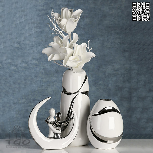 Casablanca Deko Blumenvase weiß silber Keramik Eiform 19cm