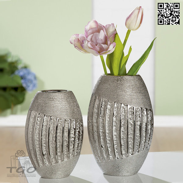 Gilde Blumenvase "Argento" ovale aus Keramik silber 19,5cm