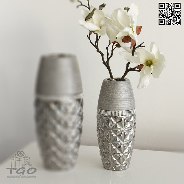 Gilde Blumenvase oval "Twinkles" aus Keramik silber 26cm