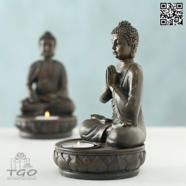 Deko Buddha Figur mit Teelichthalter in braun 19cm