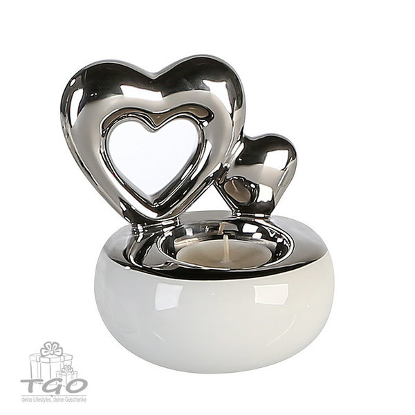 Casablanca Teelichthalter HEARTS aus Keramik weiß silber 11cm