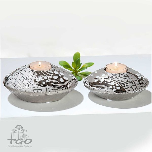 Gilde Teelichtleuchter DAISY aus Keramik silber weiß 14cm