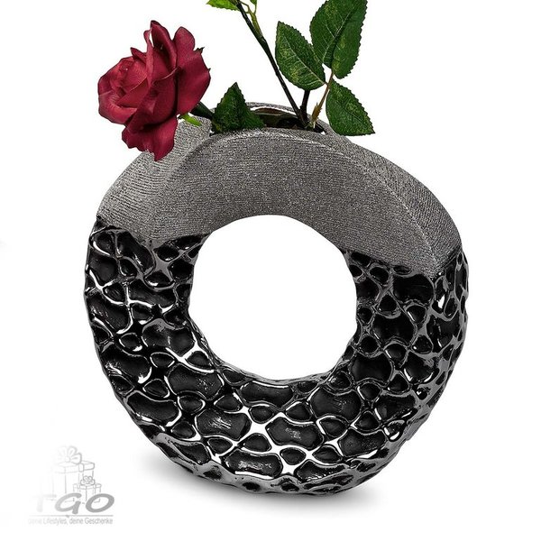 Formano Tischdeko Vase rund mit Loch aus Keramik schwarz silber 23cm