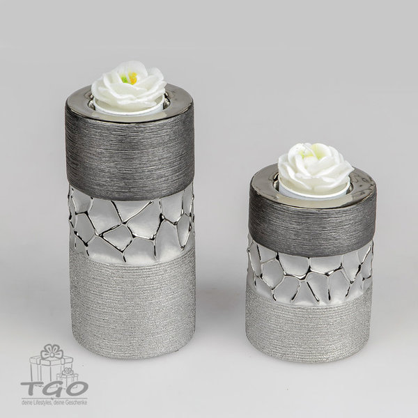 Formano 2er-Set Teelichthalter aus Keramik silber grau 10cm 15cm