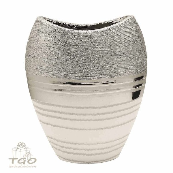 Gilde Vase ovale  LAVENA aus Keramik weiß silber 29cm