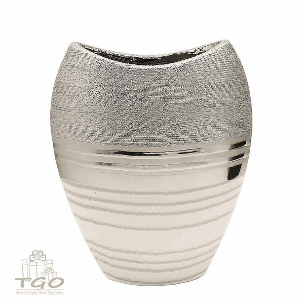 Gilde Vase ovale LAVENA aus Keramik weiß silber 21cm