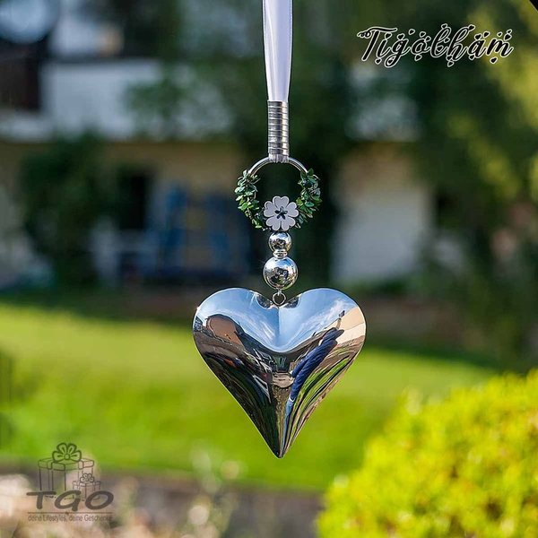 Fensterdeko Edelstahl Herz mit Perlen und Band handgemacht 15x70cm