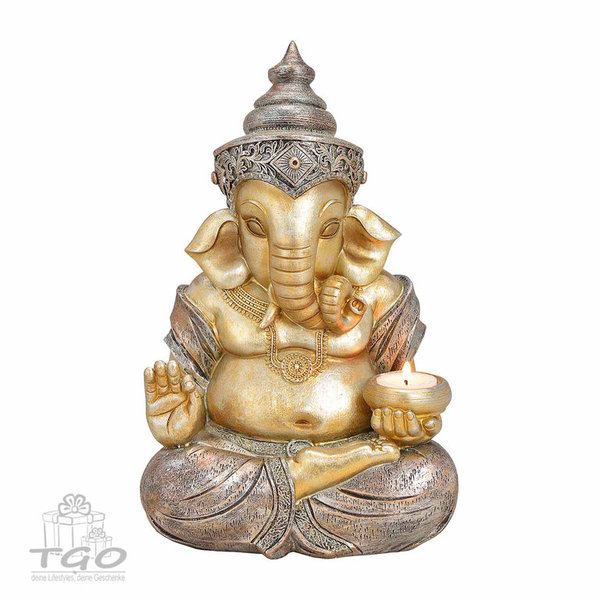 Dekofigur Ganesha mit Teelichthalter aus Poly Champagner 31cm