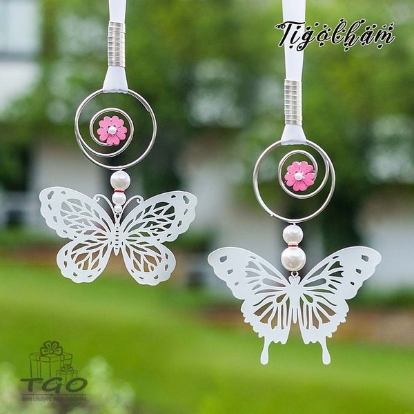 Fensterdeko Metall Schmetterling weiß mit Perlen Band handgemacht