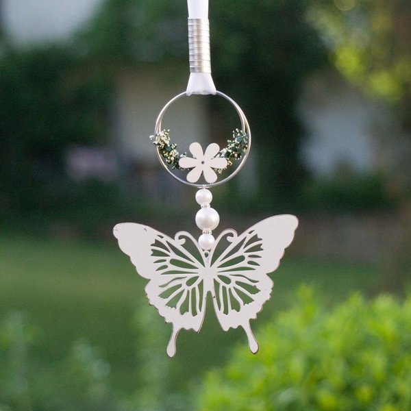 Fensterdeko Metall Schmetterling weiß mit Perlen Band 12x70cm