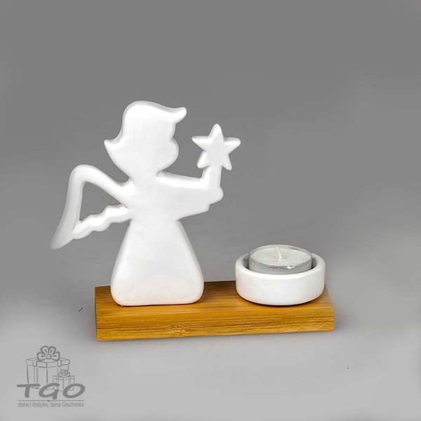 Formano Kerzenhalter- Leuchter Engel auf Holz-Sockel aus Steingut 16cm 19cm