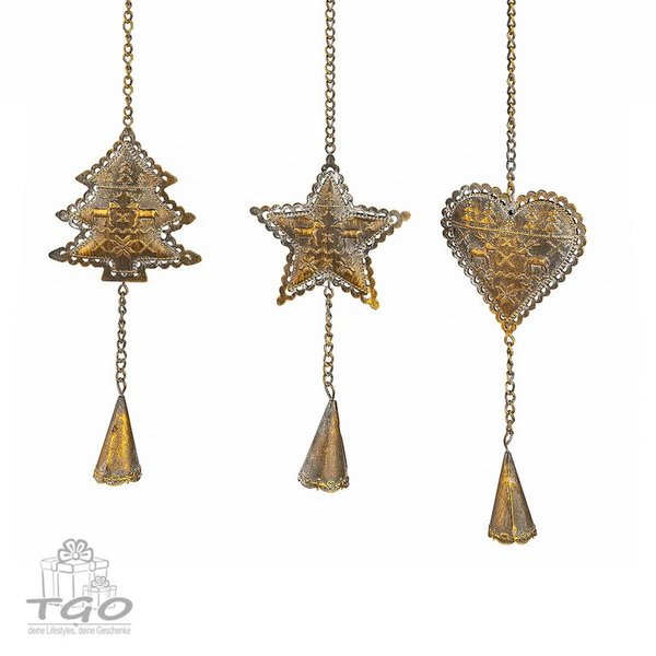 Formano Hänger 3er- Set Baum Stern Herz aus Metall antik gold 30cm
