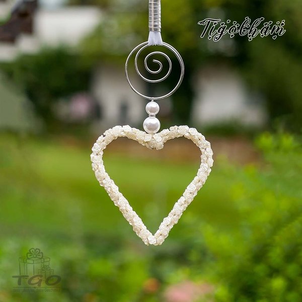Dekohänger Herz weiß mit Perlen, Aluminiumdraht 18x70cm handgemacht