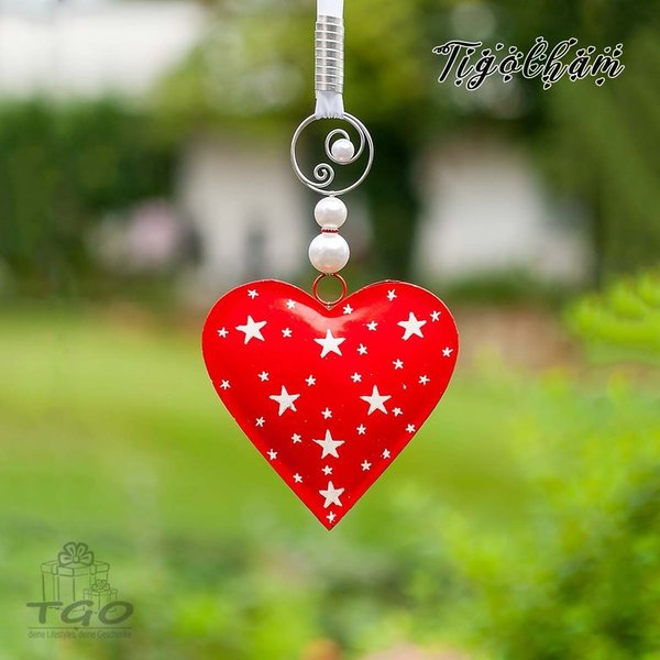 Hänger Metall Herz rot mit Perlen, Aluminiumdraht 16x70cm handgemacht
