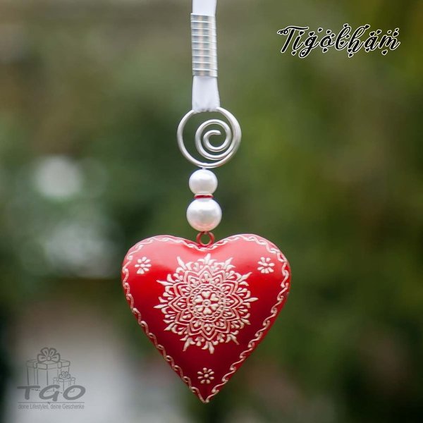 Dekohänger Herz aus Metall rot 13x70cm mit Perlen Aludraht handgefertig