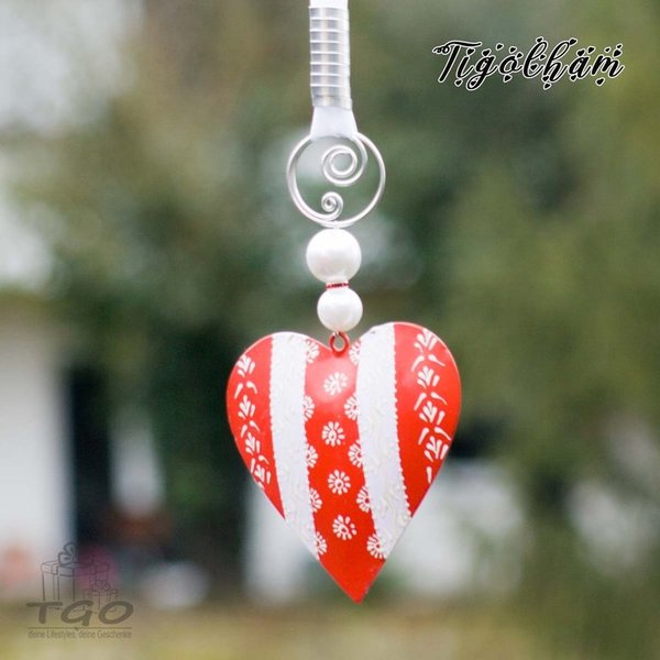 Fensterdeko Herz Dost aus Metall rot weiß mit Perlen Aludraht 12x70cm handgefertigt
