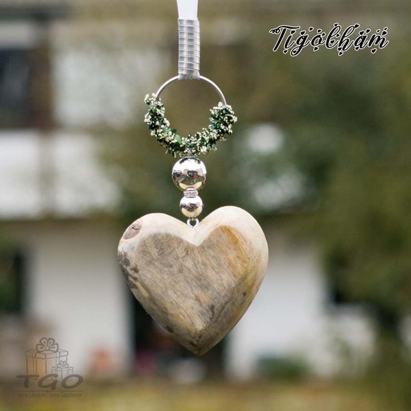 Fensterdeko Holz Herz mit Perlen und Band handgemacht 12x70cm