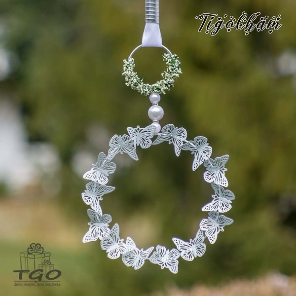 Fensterdeko Ring Schmetterling aus Metall 20x70cm weiß mit Perlen Aludraht