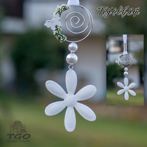 Fensterdeko Blüte aus Metall 11x70cm weiß mit Perlen Aludraht Band handgefertigt
