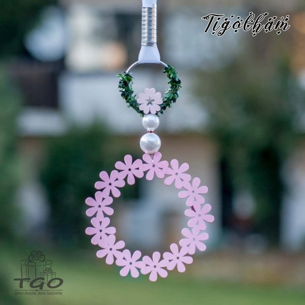 Fensterdeko Blütenring aus Holz 15x70cm rosa mit Perlen Aludraht Band handgefertigt