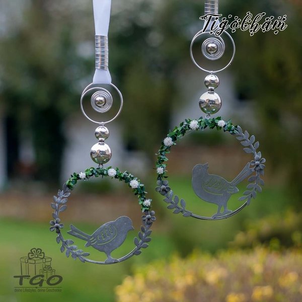 Fensterdeko Ring mit Vogel aus Metall grau 14x70cm mit Perlen Aluminiumdraht