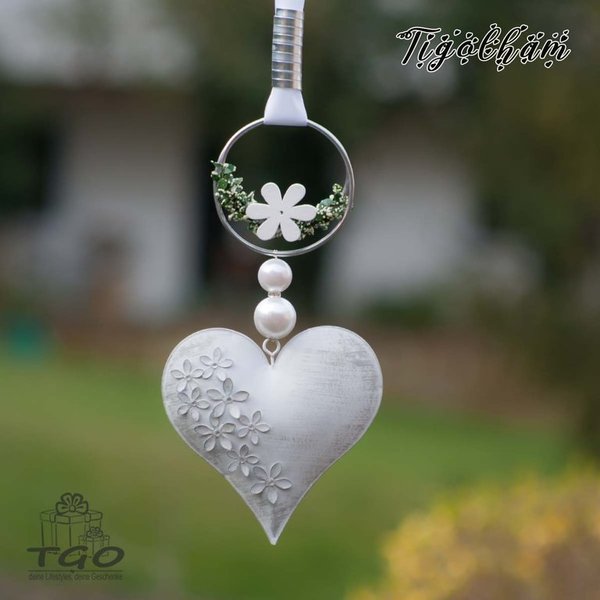Fensterdeko Herz aus Metall mit Blüten weiß 13x70cm mit Perlen Aludraht