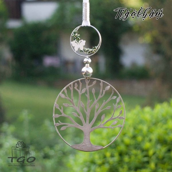 Fensterdeko Ring mit Lebenbaum aus Metall grau 18x70cm mit Perlen, Aludraht