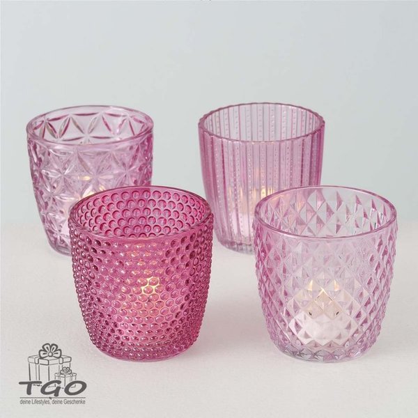 Windlicht Teelichthalter Marilu 4 tlg. Pink, Rosa Glas Höhe 7,5cm